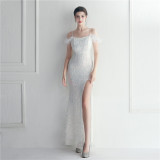 Flower Sequins Sexy Off Shoulder Strap Slit Formal Party Evening Dress