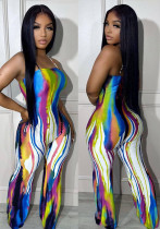 Sexy Suspender Graffiti Positioning Print Wide Leg Jumpsuit