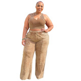 Women's Sleeveless Open Waist Bolero Elastic Waist Wide Leg Pants Plus Size Set