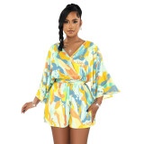 Women's Fashion New V-Neck Sexy Low Back Print Shorts Jumpsuit
