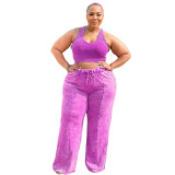 Women's Sleeveless Open Waist Bolero Elastic Waist Wide Leg Pants Plus Size Set