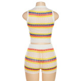 Women's Sexy Knitting Contrast Color Sleeveless Top High Waist Bodycon Shorts Casual Set