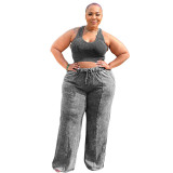 Women's Sleeveless Open Waist Bolero Elastic Waist Wide Leg Pants Plus Size Set