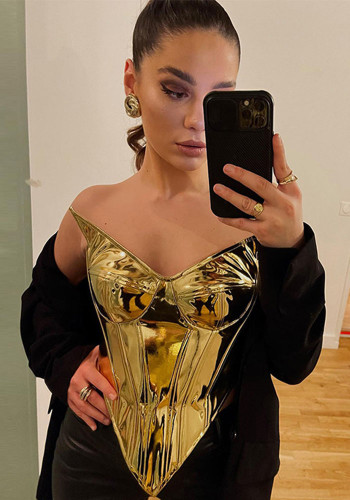 Women's Summer Solid Color Casual Pu Leather Shiny Zipper Slim Fit Sleeveless Strapless Top