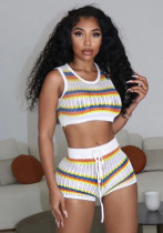Women's Sexy Knitting Contrast Color Sleeveless Top High Waist Bodycon Shorts Casual Set