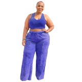 Women's Sleeveless Open Waist Bolero Elastic Waist Wide Leg Pants Plus Size Set