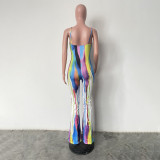 Sexy Suspender Graffiti Positioning Print Wide Leg Jumpsuit