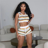 Women's Sexy Knitting Contrast Color Sleeveless Top High Waist Bodycon Shorts Casual Set