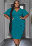 Chic Women's Solid Color V-neck Ruffle Slim Sexy Plus Size Dress