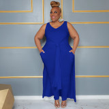 Plus Size Women Casual V Neck Slit Pocket Sleeveless Top and Solid Skirt Two-Piece Set