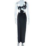 Women Sexy Slash Shoulder Solid Backless Slit Dress