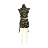 Women Summer Camouflage Pocket Top and Short Two-Piece Set
