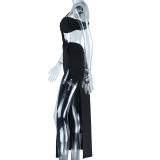 Women Sexy Slash Shoulder Solid Backless Slit Dress