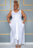Plus Size Women Casual V Neck Slit Pocket Sleeveless Top and Solid Skirt Two-Piece Set