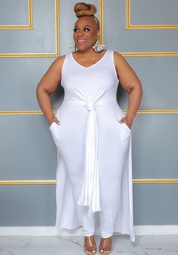 Plus Size Women Casual V Neck Slit Pocket Sleeveless Top and Solid Skirt Two-Piece Set