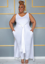 Plus Size Women Casual V Neck Slit Pocket Sleeveless Top and Solid Skirt Two-Piece Set Plus Size Women Casual V Neck Slit Pocket Sleeveless Top and Solid Skirt Two-Piece Set