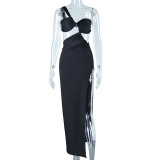 Women Sexy Slash Shoulder Solid Backless Slit Dress