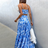 Women Printed Crop Top and Maxi Dress Two-Piece Set