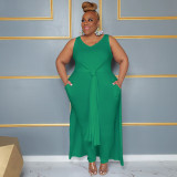 Plus Size Women Casual V Neck Slit Pocket Sleeveless Top and Solid Skirt Two-Piece Set
