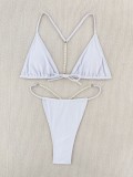 Sexy Two Piece Bikini Set Pearl Chain Solid Color Swimsuit