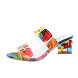 Women's Slippers Rhinestone Thick Heel One Word Sandals And Slippers Color Matching Medium Heel Plus Size Women's Shoes