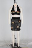Women's Sexy Heart Print Jacquard Hollow Knitting Beach Fashion Two Piece Skirt Set