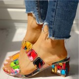 Women's Slippers Rhinestone Thick Heel One Word Sandals And Slippers Color Matching Medium Heel Plus Size Women's Shoes