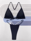 Sexy Two Piece Bikini Set Pearl Chain Solid Color Swimsuit