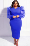 Fashion Solid Color Puff Mesh Long Sleeve V-Neck Plus Size Midi Dress