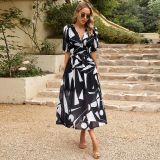 Women V Neck Printed Long Dress
