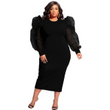 Fashion Solid Color Puff Mesh Long Sleeve V-Neck Plus Size Midi Dress