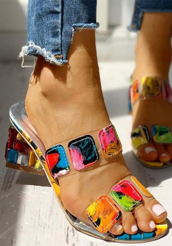 Women's Slippers Rhinestone Thick Heel One Word Sandals And Slippers Color Matching Medium Heel Plus Size Women's Shoes