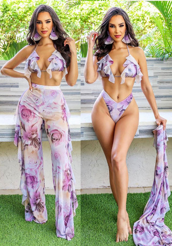 Fashion Flower Printed Wide Leg Pants Bikini Three-Piece Set