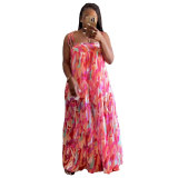 Sexy printed suspenders pleated wide-leg suspenders Jumpsuit