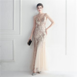 Sequin mesh sexy sling event long evening dress
