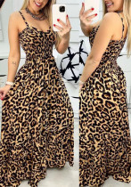 Summer Leopard Print V Neck Dress High Waist Sexy Chic Fashion Long Dress