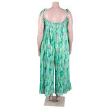 Sexy printed suspenders pleated wide-leg suspenders Jumpsuit