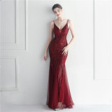Sequin mesh sexy sling event long evening dress