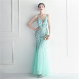 Sequin mesh sexy sling event long evening dress