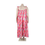 Sexy printed suspenders pleated wide-leg suspenders Jumpsuit