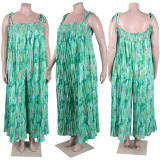 Sexy printed suspenders pleated wide-leg suspenders Jumpsuit