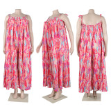 Sexy printed suspenders pleated wide-leg suspenders Jumpsuit