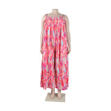 Sexy printed suspenders pleated wide-leg suspenders Jumpsuit