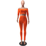 Women Summer Sexy Off Shoulder Short Sleeve Top and Button Pants Two-Piece Set