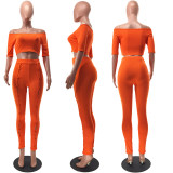 Women Summer Sexy Off Shoulder Short Sleeve Top and Button Pants Two-Piece Set