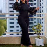 Plus Size Women Loose Patchwork Puff Sleeve Wide Leg Jumpsuit with Belt