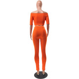 Women Summer Sexy Off Shoulder Short Sleeve Top and Button Pants Two-Piece Set