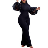 Plus Size Women Loose Patchwork Puff Sleeve Wide Leg Jumpsuit with Belt