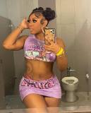 Women Summer Round Neck Sleeveless Figure Letter Print Top and Mini Skirt Two-Piece Set