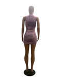 Women Summer Round Neck Sleeveless Figure Letter Print Top and Mini Skirt Two-Piece Set
